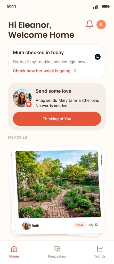 The circle member's home screen: Mum checked in today, feeling okay